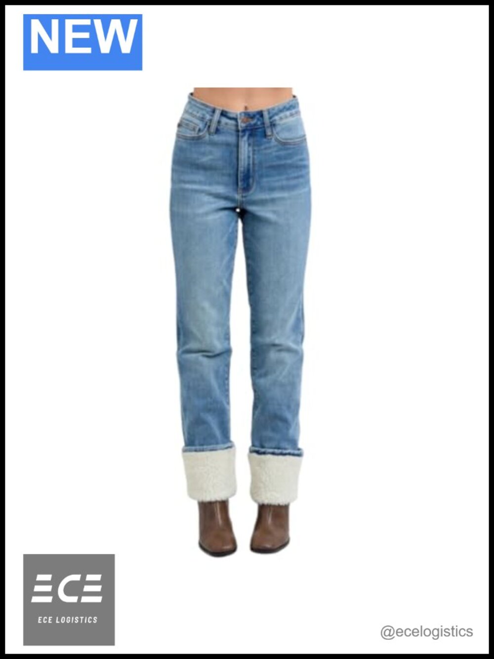 Judy Blue High Waist Shearling Cuff Straight Jeans Stretch Denim